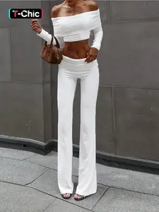Women's Casual Off-Shoulder Long Sleeve Short Top Wide Leg Pants Set, Stylish Summer, Chic, Comfortable, Lightweight and Trendy, Perfect for Daily Wear Outfit Womenswear