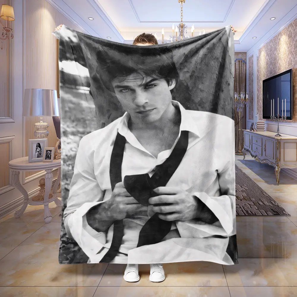 The Vampire Diaries Damon Salvatore Black-and-White Photoshoot Throw Blanket, Ian Somerhalder TV Show Themed Cozy Blanket, Soft Fluffy Lightweight Blanket for Fans, Anti-Pilling Washable Decorative Blanket