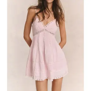 Women's Stylish Mesh Lace Smocked Back V-Neck Spaghetti Strap A-Line Dress for Summer