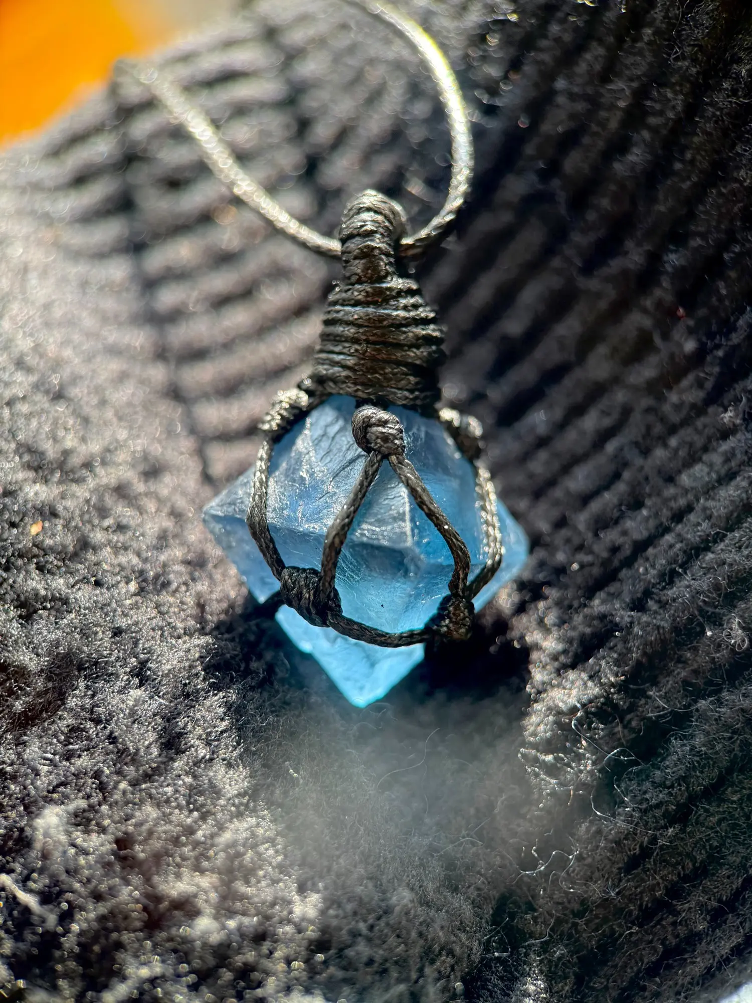 Vintage Natural Blue Fluorite Square Shaped Unique Design Pendant Gemstone Necklace, Handmade Healing Crystal Charm, Adjustable Woven Rope, Perfect Gift for Mother's Day, Pendants Necklaces