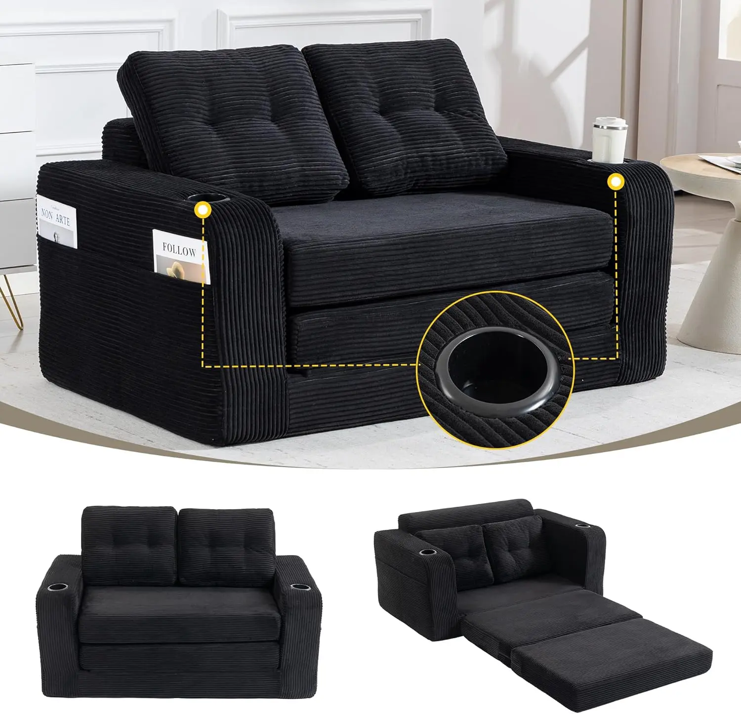 Convertible Sofa Bed,Expandable Double Sofa Bed, 2 in 1 Convertible Sofa Bed, Fold Out Floor Couch with Pillows for Living Room Bedroom Lounge, Black