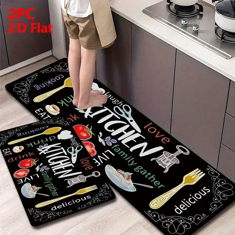 1/2/3pcs Flannel Kitchen Mat Set, Base Colorful 'kitchen' Theme, Non-Slip, Absorbent, Home Decor