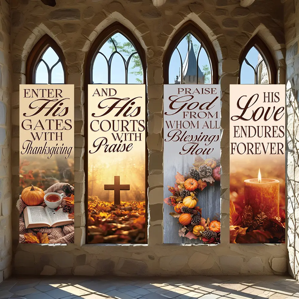 4 Pcs Religious Banners, Polyester Material Christian vertical hanging banners with thanksgiving and praise scriptures suitable for autumn religious holiday decor for church and home indoor wall decoration