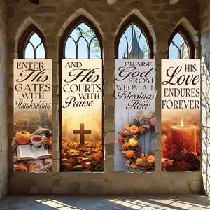 4 Pcs Religious Banners, Polyester Material Christian vertical hanging banners with thanksgiving and praise scriptures suitable for autumn religious holiday decor for church and home indoor wall decoration