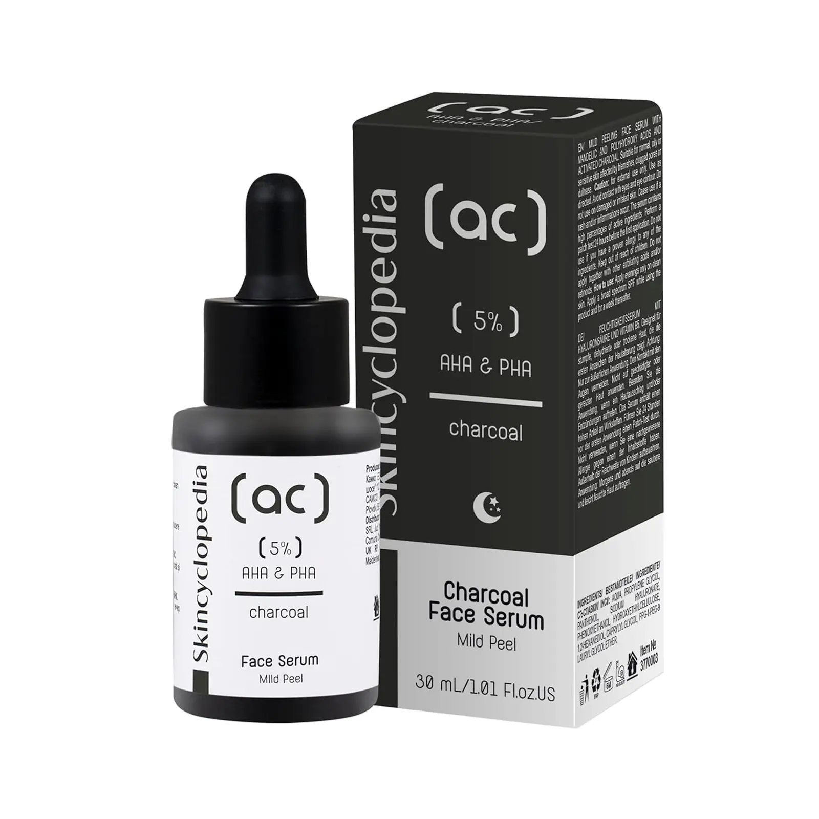 Skincyclopedia Pure AHA & PHA Charcoal Face Peel Serum, High Detox Complex, Anti Aging Intense Hydration, Wrinkle Reducing, Targets Fine Lines, Large Pores & Age Spots. High Detox Peel Exfoliation.