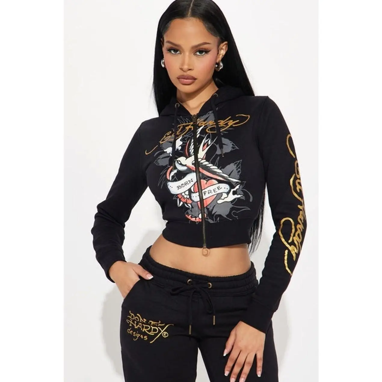 Ed Hardy Swallow Bird Zip Front Hoodie - Black K