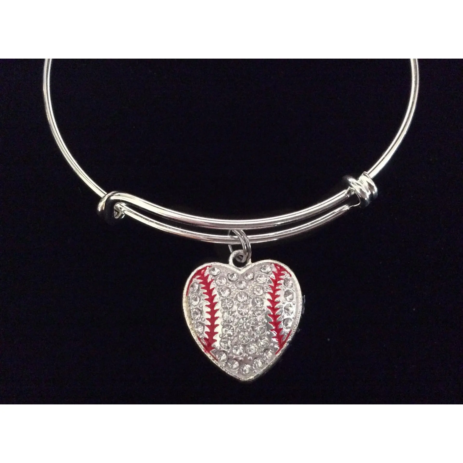 Baseball Heart Rhinestone Expandable Charm Bracelet Adjustable Bangle League Gift
