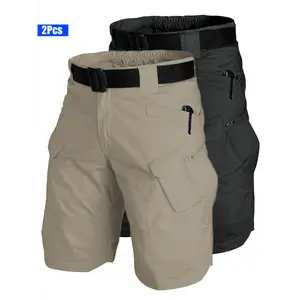 Multi-Pocket 100% Polyester 2-Pack Tactical Cargo Shorts, Solid Color, Non-Stretch Fabric, Woven, Regular Fit, No Belt Included Menswear