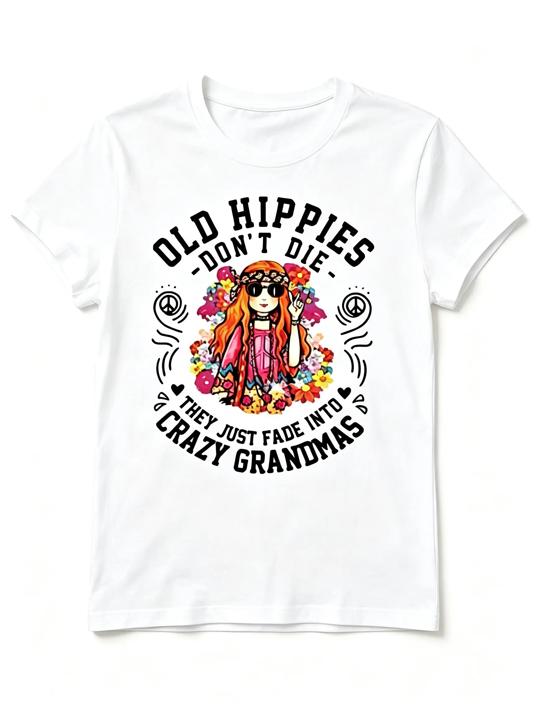 Women S Casual T Shirt Old Hippies Are Not Dead White Tee with Floral and Peace Sign Comfortable Machine Washable Hippie Cotton Top
