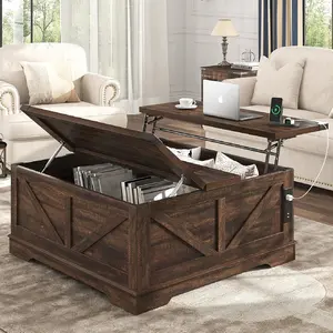 40” Square Farmhouse Lift-Top Coffee Table with Power Outlets & Hidden Storage, Multi-Functional Wood Living Room Table