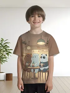 Summer Little Bear Milk Tea Shop full-width warm cartoon digital printed T-shirt, 100% polyester, fashionable and trendy casual children's clothing, suitable for boys' daily outings and outdoor sports, niche and not clashing styles, creating an exclusive