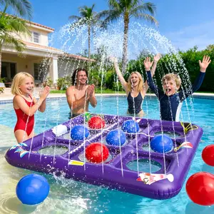Tic Tac Toe Pool Game with Sprinkler, 2-in-1 Upgraded Floating Pool & Lawn Game Set with 10 Balls, Inflatable Outdoor Water Toy for Kids Teens Adults, Pool Party & Backyard Games, Purple
