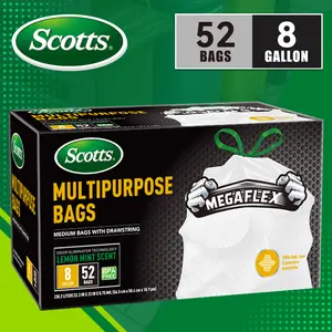 Scotts 52 Bags 8 Gallon Boxed Disposable Non Tear Puncture Tear Resistant Trash Bags, ODOR ELIMINATORTECHNOLOGY Kitchen,Toilet Drawstring Garbage Bags, Fresh Clean Scent With Lemon mint Scent, Multipurpose Easy To Usedrawstrings More Durable