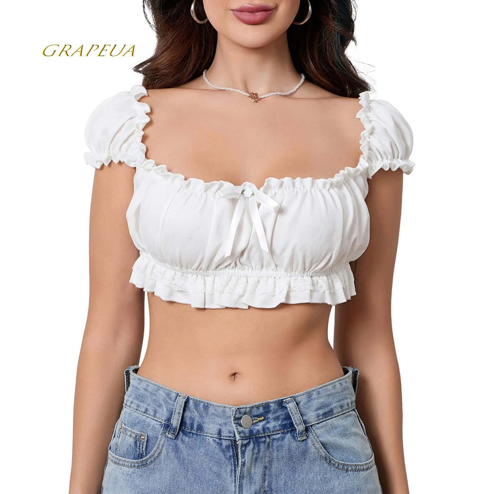 Ruffled Off Shoulder Blouse for Women, Backless Short Sleeve Polyester Blend Crop Top with 3D Bow Tie, Lady, Shirt, Party Wear