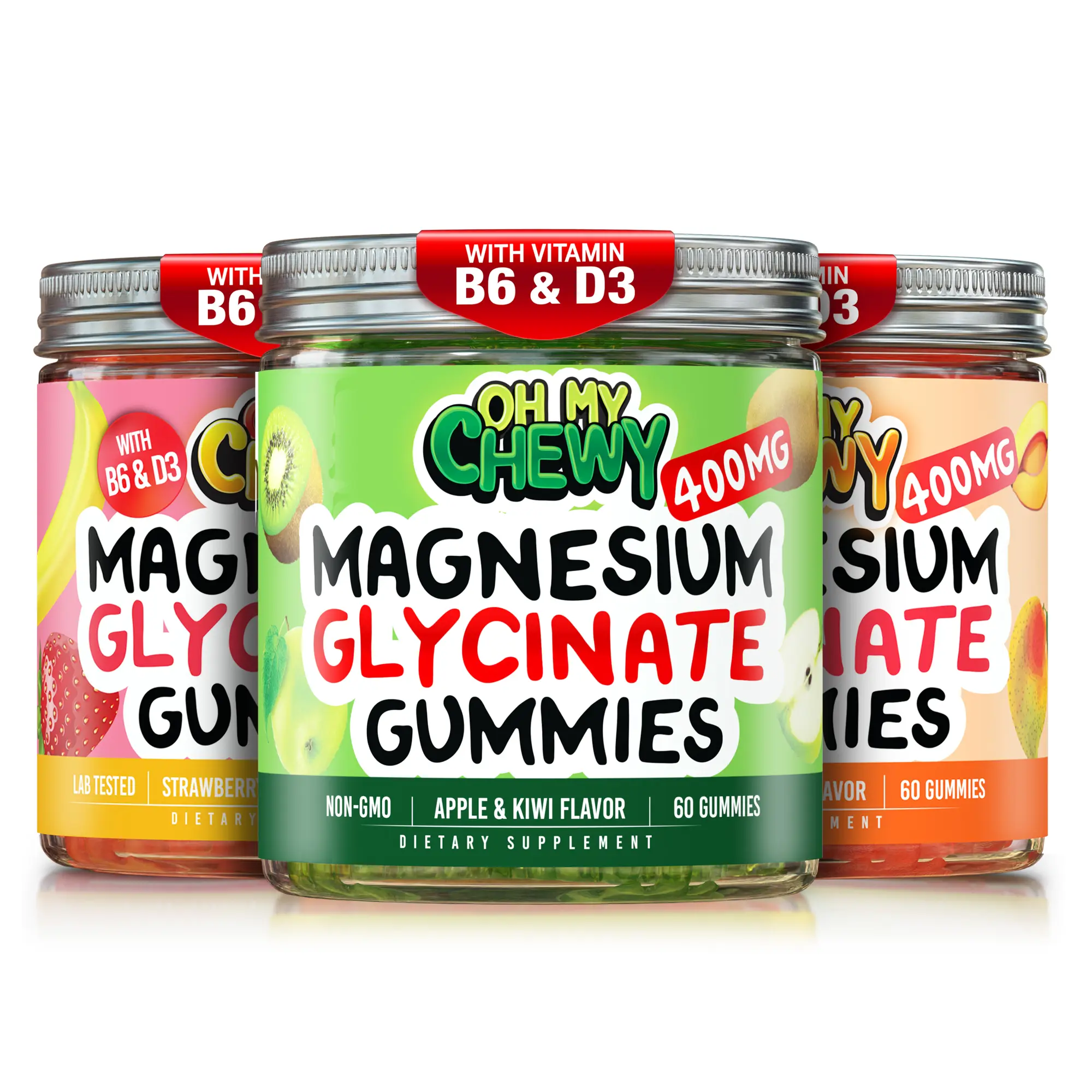 OH MY CHEWY Magnesium Gummies Variety Pack - 3 Bottles (60 Each) - Strawberry Banana, Apple Kiwi, Peach Mango Natural Supplements - GMO-Free Vegan Dietary Supplement for Fitness