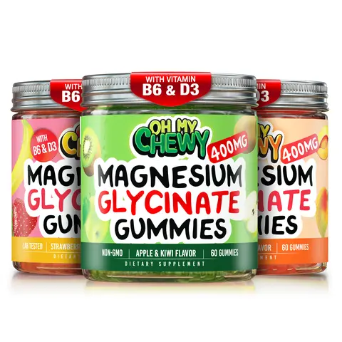 OH MY CHEWY Magnesium Gummies Variety Pack - 3 Bottles (60 Each) - Strawberry Banana, Apple Kiwi, Peach Mango Natural Supplements - GMO-Free Vegan Dietary Supplement for Fitness