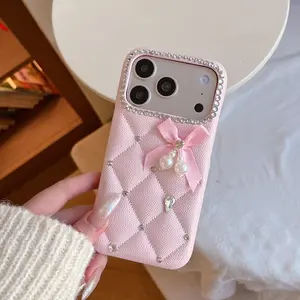 Plaid Bow Pearl Phone Case for iPhone 17/16/15/14/13 Pro Max, Full Coverage Anti-Drop Luxury Protective Cover, Stylish and Durable Accessories