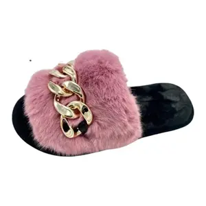 fur indoor slippers with chain slip -on  Women Slide Comfort Flipflop Girl Walking Shoes Soft Footwear Stylish Rubber Black Parent