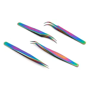 Rainbow Eyelash Tweezers Anti-Static Lash Extension Tweezers Fan Shape Curved Straight Perfect Close, Metal Frame, Single Item