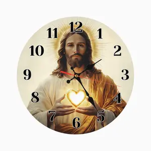 12 Inch Spiritual Religious Design Wooden Wall Clock | Sacred Heart of Jesus Art Print, Battery Not Included, Great Gift for Christian Believers, Perfect for Home, Church, Prayer Room