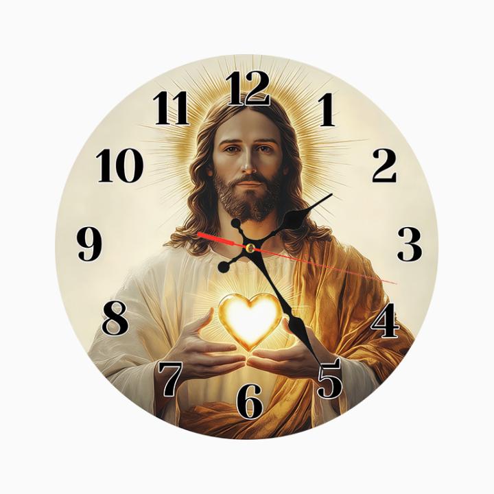 12 Inch Spiritual Religious Design Wooden Wall Clock | Sacred Heart of Jesus Art Print, Battery Not Included, Great Gift for Christian Believers, Perfect for Home, Church, Prayer Room