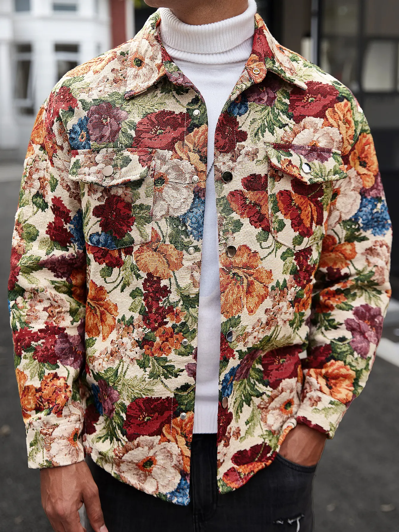 Men's Tapestry Floral Shacket with Button Flap Pockets - Vintage Jacquard Pattern Jacket with Collar & Relaxed Fit, Artistic Streetwear Outerwear, No-Logo, S-XXL, Fast US Shipping #TapestryJacket #VintageStreetwear #TikTokMadeMeBuyIt