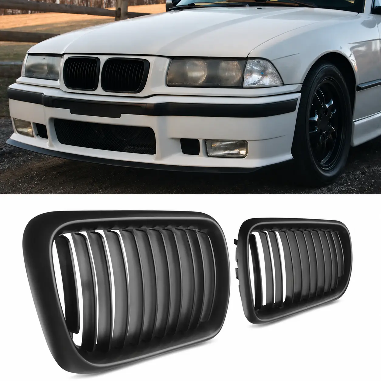 Matte Black Front Kidney Grille Grill Pair For BMW 3 Series E36 Facelift 1996-1999, Factory Style Vertical Slat Radiator Grilles, Left Right 2PCS, Exterior Replacement Car Accessories
