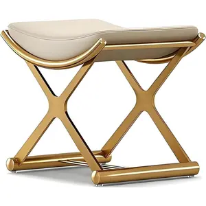 Vanity Stool Chair for Makeup - Small Backless Leather Stool for Vanity - Modern Ottoman Bench Seat with Metal X Legs, Footstool for Bathroom & Living Room - Gold