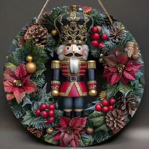 Wooden Nutcracker Wreath, 8x8 Inch Round Decoration, 2D Print, Universal Holiday Decor, Suitable for Bar, Kitchen, Cafe, Home, Office, Party