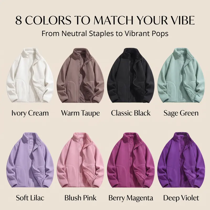 【JOGWAVE】Women’s loose, close-fitting fleece zip jacket, casual warm stand-collar outerwear with deep pockets, suitable for autumn and winter