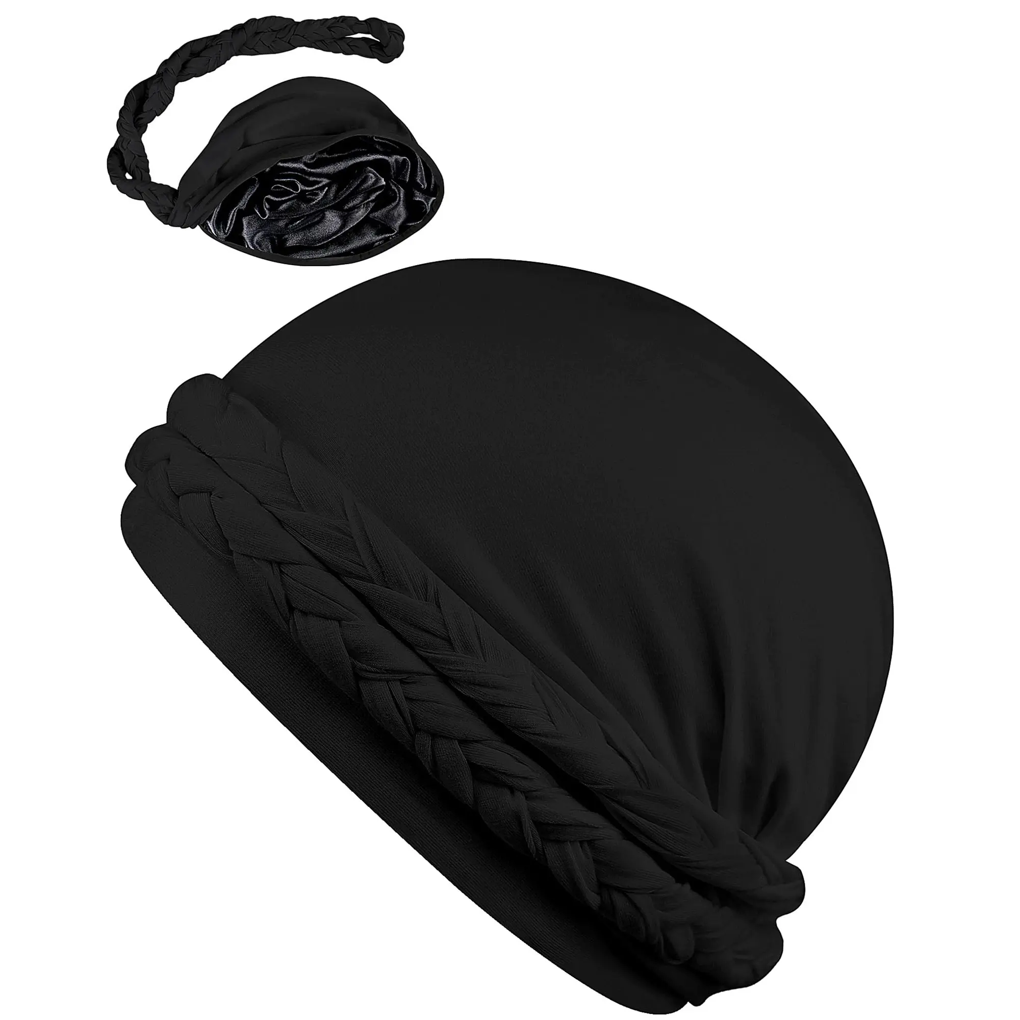 Durable Satin-Lined Halo Turban - Handmade Durag Skull Cap for Men and Women with Pre-Tied Braids, Beanie Tail - Ideal for Sleeping, Stylish Wear