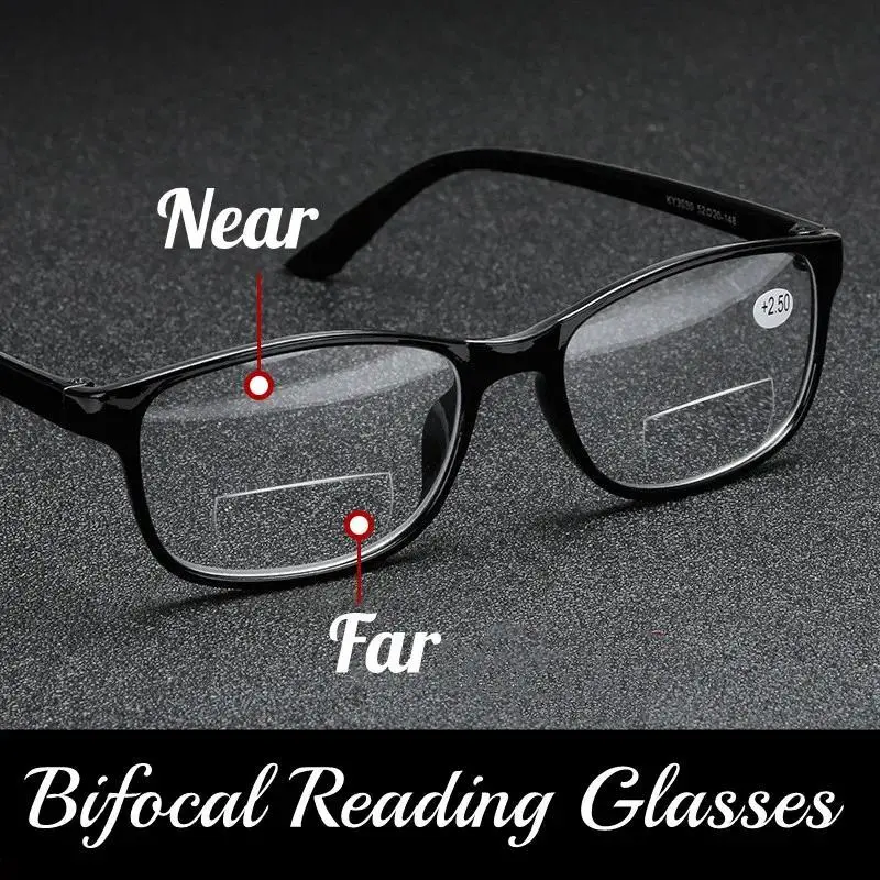 Vintage Square Bifocal Nearsighted Eyeglass, Unisex Multifocal Readers with Black Frame and Blue Light Blocking