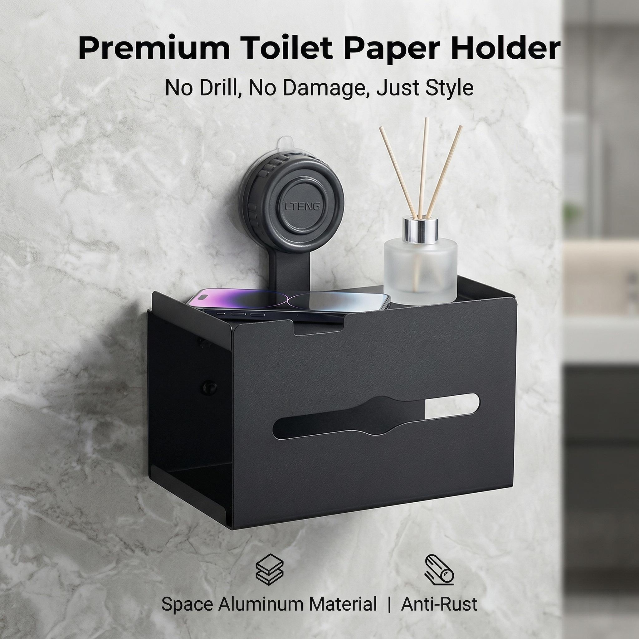Suction Cup Toilet Paper Holder with Shelf, No Drill Bathroom Organizer, Heavy-Duty Vacuum Suction, Rustproof Space Aluminum, Matte Black Wall Mount Tissue Dispenser for Bathroom, RV, Rental Friendly