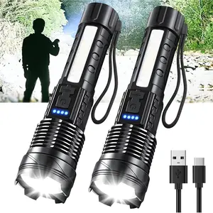 Rechargeable LED Flashlights, 90,000 Lumens Super Bright Handheld FlashLight, 7 Modes with COB Work Light, IPX6 Waterproof, Adjustable Tactical Flash light for Home,Camping and Emergencies-2 Pack