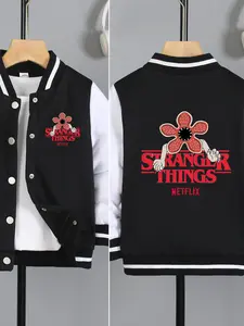 Stranger Things Demogorgon Evil Demon Print Boys' And Girls' Spring/Autumn New Style Cool Baseball Jacket Pullover Coat, Unisex Design, Fashionable, Casual, Comfortable, Daily Outdoor Versatile Outerwear, Ideal Gift Choice