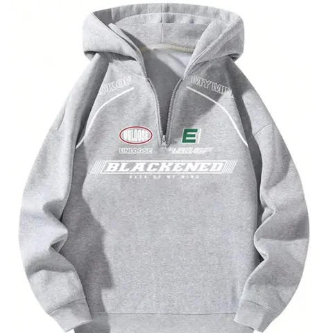 Men's Fall & Winter Hooded Half-Zip Long Sleeve Hoodie, Casual Loose Fit Woven Fabric Street Style Drop Shoulder Hoodie, Men's Clothing, Sweatshirts
