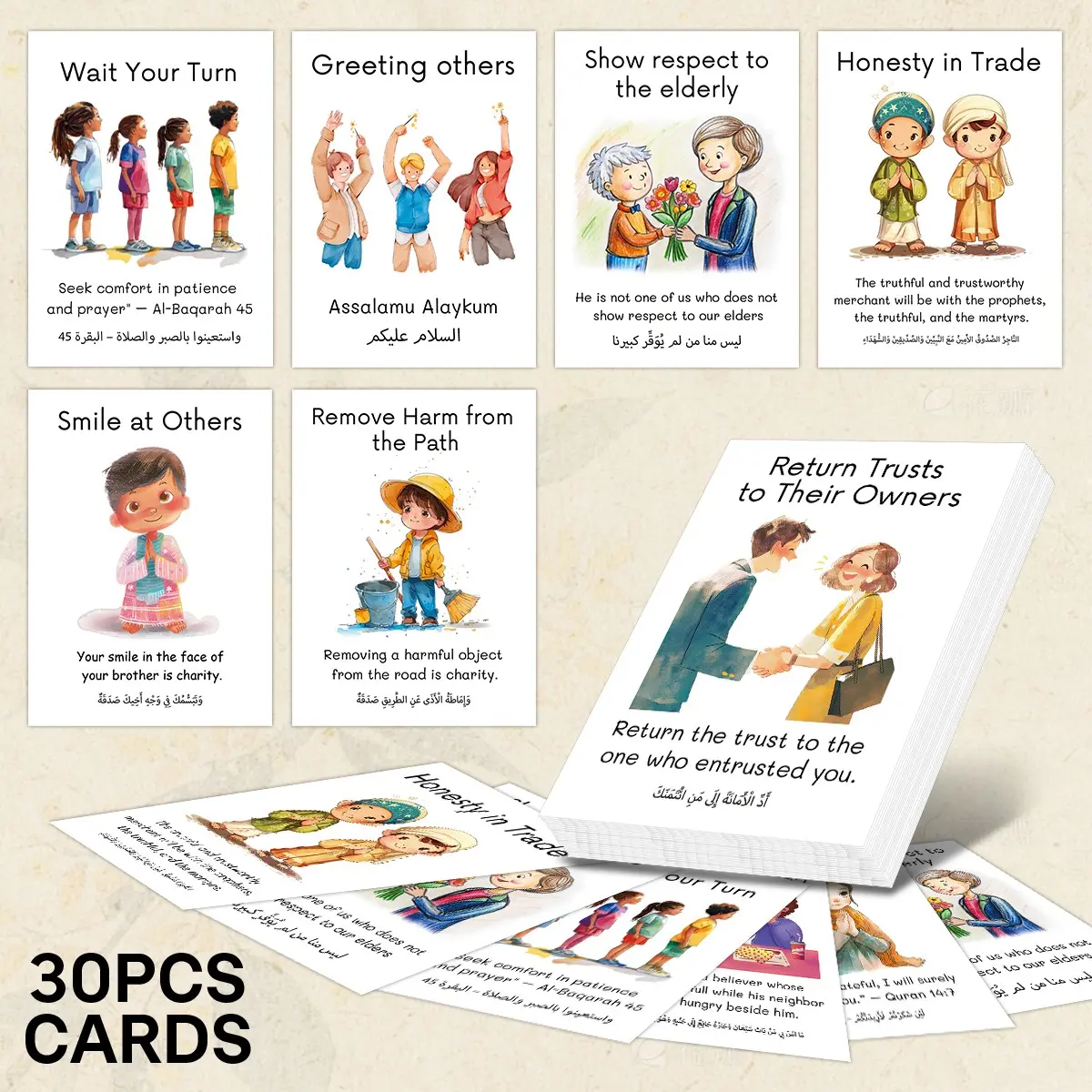 30Pcs Islamic Manners Flashcards for Studying, Bilingual Instruction Cards, English/Arabic Bilingual with Illustrated Scenes Designe, Islamic Learning Cards, Perfect for Home School & Muslim Education, Ramadan gift