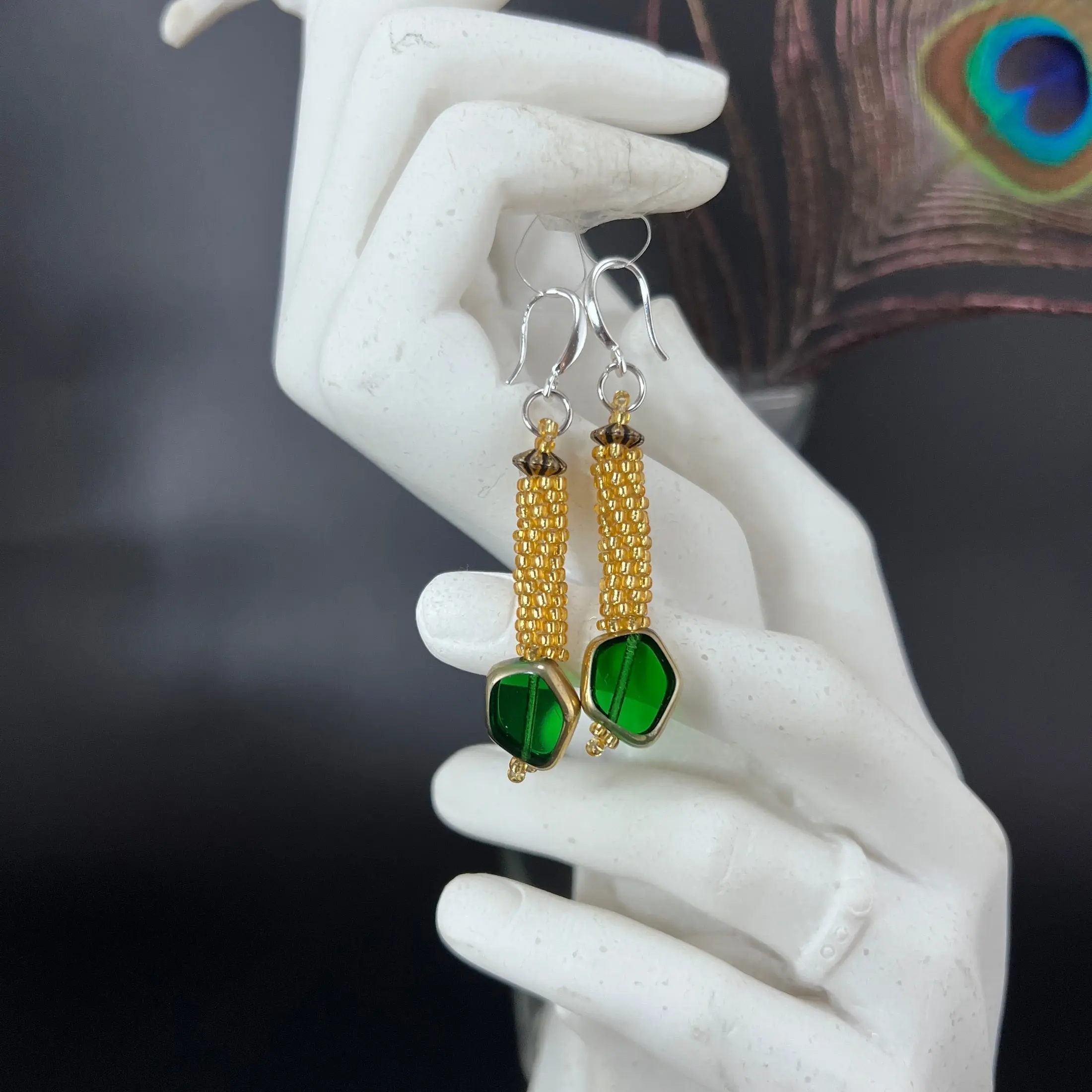 Gold & Green Cylinder Earrings