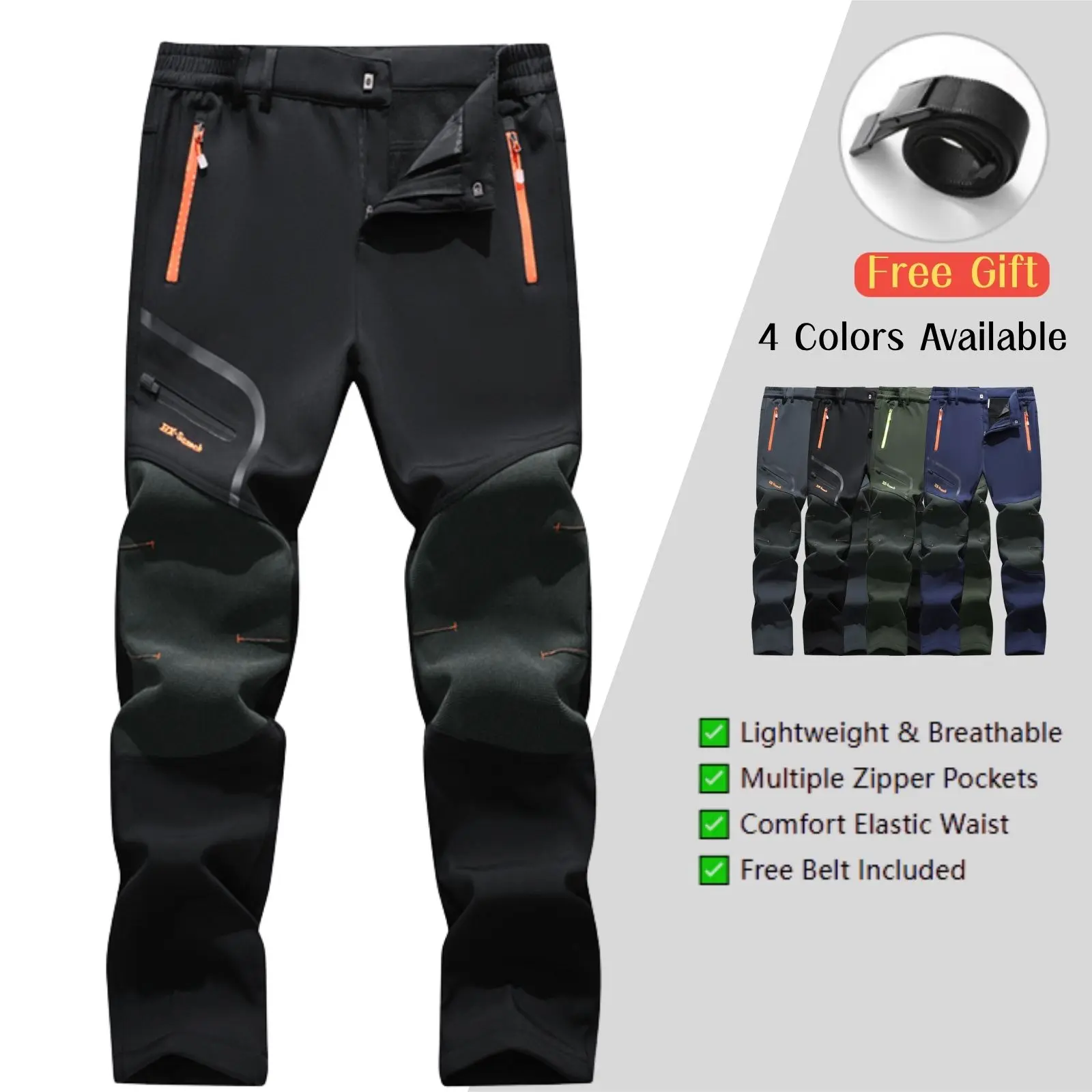 Men’s softshell hiking pants, outdoor mountaineering long pants, stretch cargo pants, multiple zippered pockets, includes belt