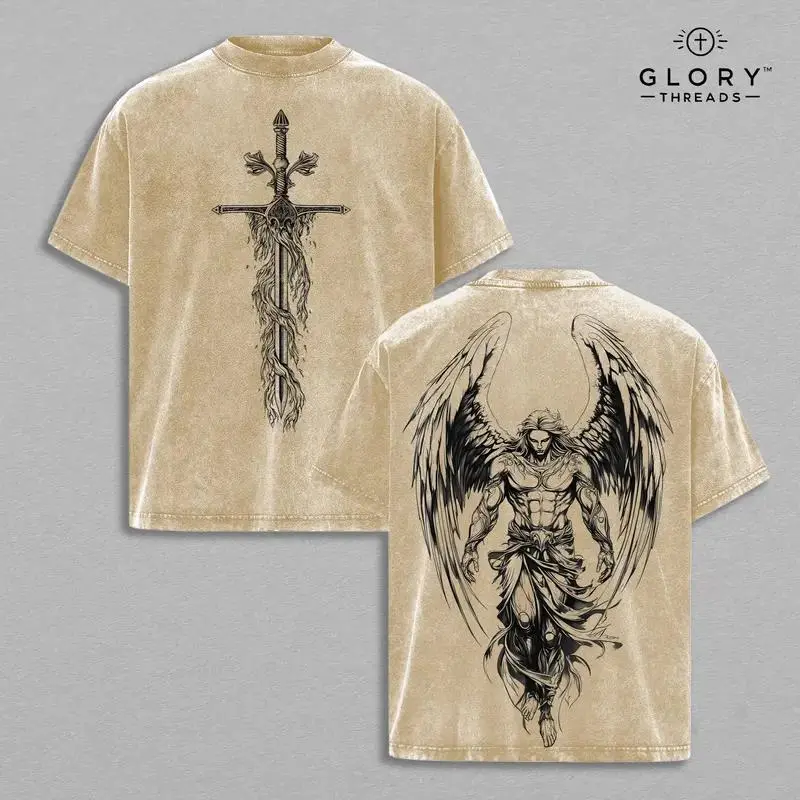 Men's Saint Michael The Archangel Flaming Sword Washed T-Shirt - Round Neck Short Sleeve Casual Menswear Top, Christian Merch with Scales of Justice Graphic, Jesus Church Outfit
