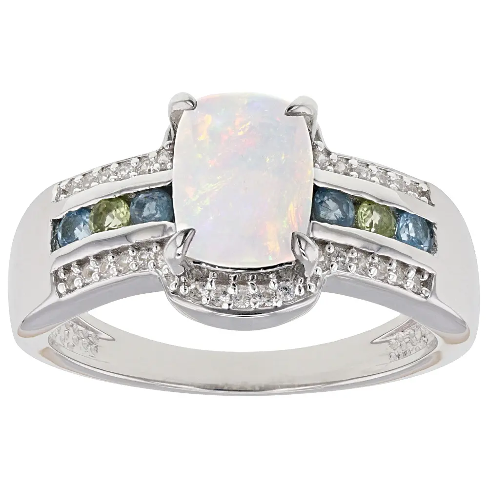 JTV Natural Crystal Ring, White Ethiopian Opal with Multi Gemstones, Rhodium-Plated Sterling Silver, 1.24ct Total Wt