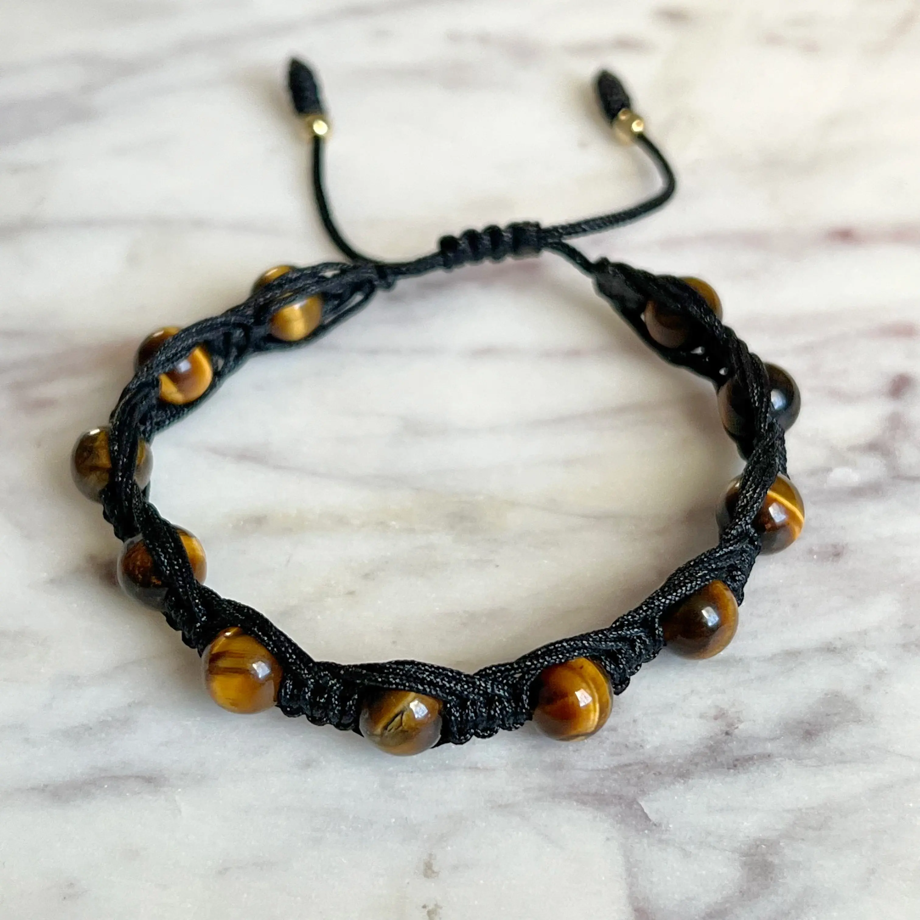 Gold-Filled Tiger Eye Bracelet - Natural Unique Gemstone Bead Chain, Unisex Unique Design Adjustable String Accessory, All Occasions Adult Casual Daily Wear Costume Jewelry Arm Candy