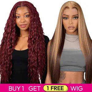 Buy 1 Get 1 Free Exclusive Offer | 180% Density Blended Human Hair Lace Front Wig Transparent Lace #99J CornSilk Wig & #P4/27 Straight Wig