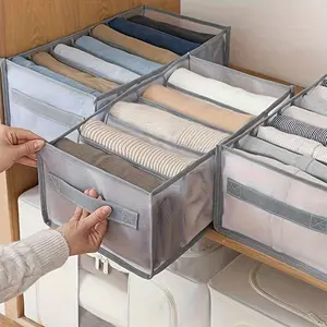1pc Wardrobe Clothes Organizer With Handle 7 Grids Drawer Organizer Clothes For Jeans T-Shirts Washable Clothes Storage Organizer For Folded Clothes Grey