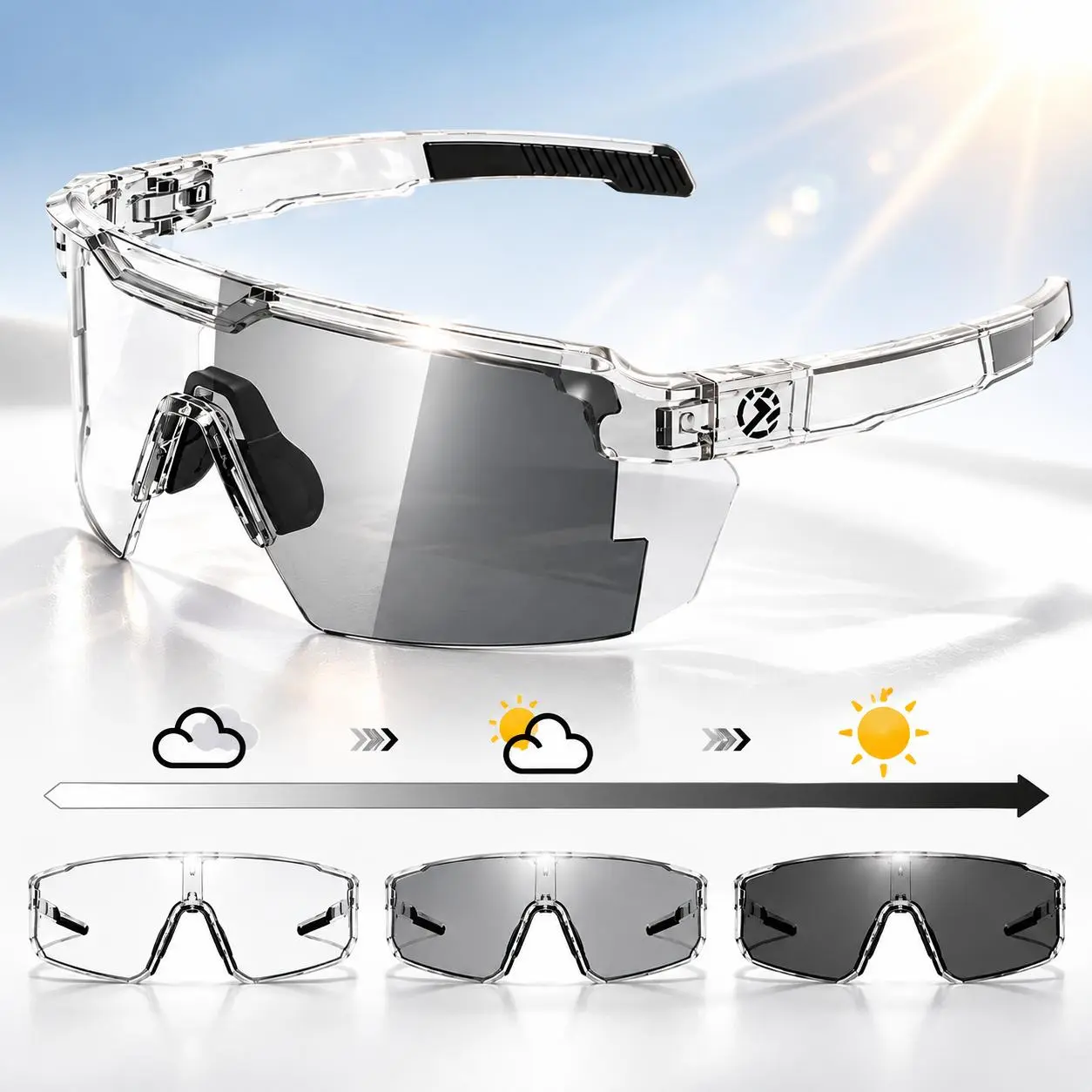 Unisex UV400 Photochromic Polarized Safety Glasses - Impact-Resistant PC Lens, Safety Frame, Anti-Glare Wraparound Design for Cycling, Winter Sports Snowboarding