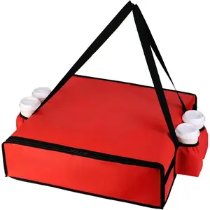 Insulated Pizza Delivery Bag with 4 Cup Holders, 24" x 6" Pizza Warmer Bag for Hot Pizza/Drinks, Large Food Delivery Carrier for Events Transport Shopping Catering, Red