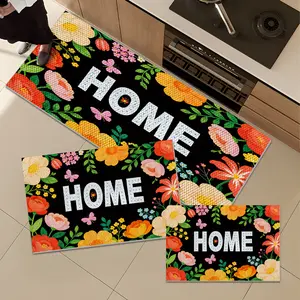 1/2/3Pcs"HOME"Spring Floral Kitchen Mats for Floor,Pineapple Texture Design Kitchen Rugs,Washable Non-Slip Farmhouse Floor Mat,Doormat,Bathroom Mat.Bohemian Flowers Indoor Outdoor Home Decor