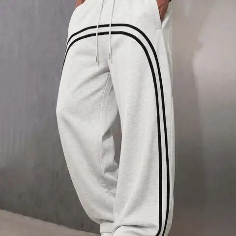 Men’s classic sporty cotton-blend striped wide-leg sweatpants with an elastic drawstring waist, durable for everyday wear; casual athletic pants with side pockets—versatile long pants suitable for work, travel, workouts, home leisure, and street style.