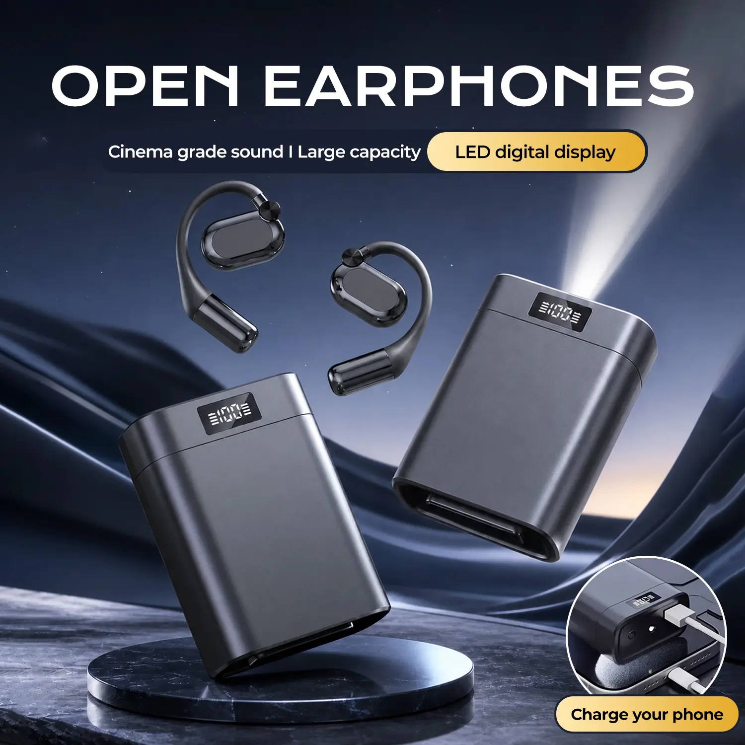 Multifunctional Open Bluetooth Earbuds, with Power Bank & LED Flashlight Design, Digital Display, Rotatable Over-Ear Hook, Long Battery Life, Ultra-Lightweight Comfort Wireless Headphones for Workout, Running