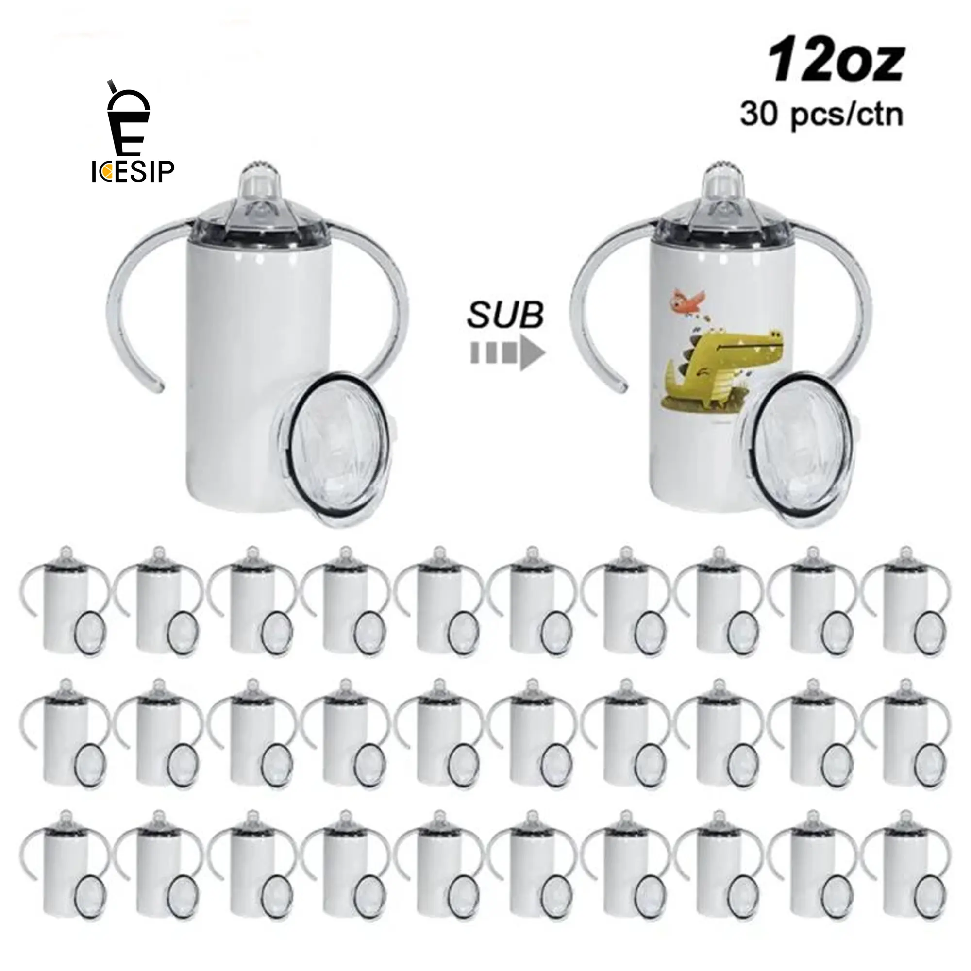 ICESIP Sublimation Ready Sippy Cup Tumbler, 30pcs/ctn 12oz Reusable Washable Stainless Steel Silicone Wide Mouth with Dual Lids, Portable for All Cold and Hot Drinks, Housewarming/Father's Day DIY Gift